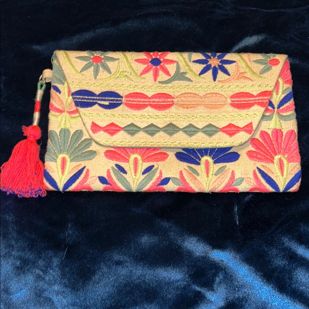 Embroidered Floral Clutch - Pink, Blue, and Cream